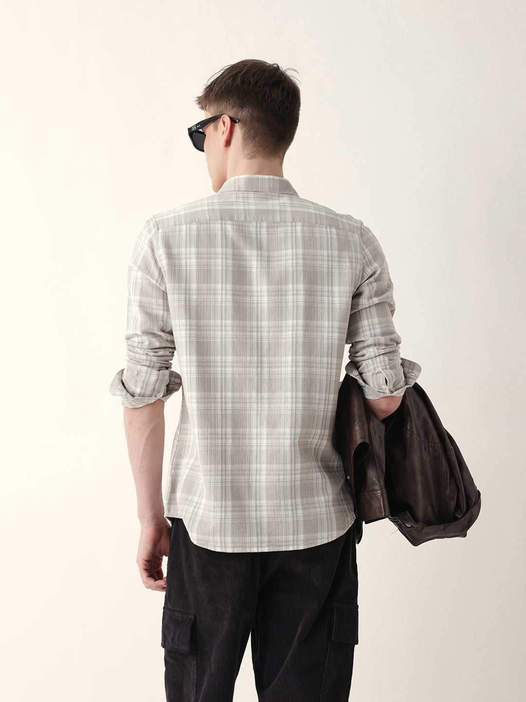 Men Casual Grey Plaid Flannel Shirt