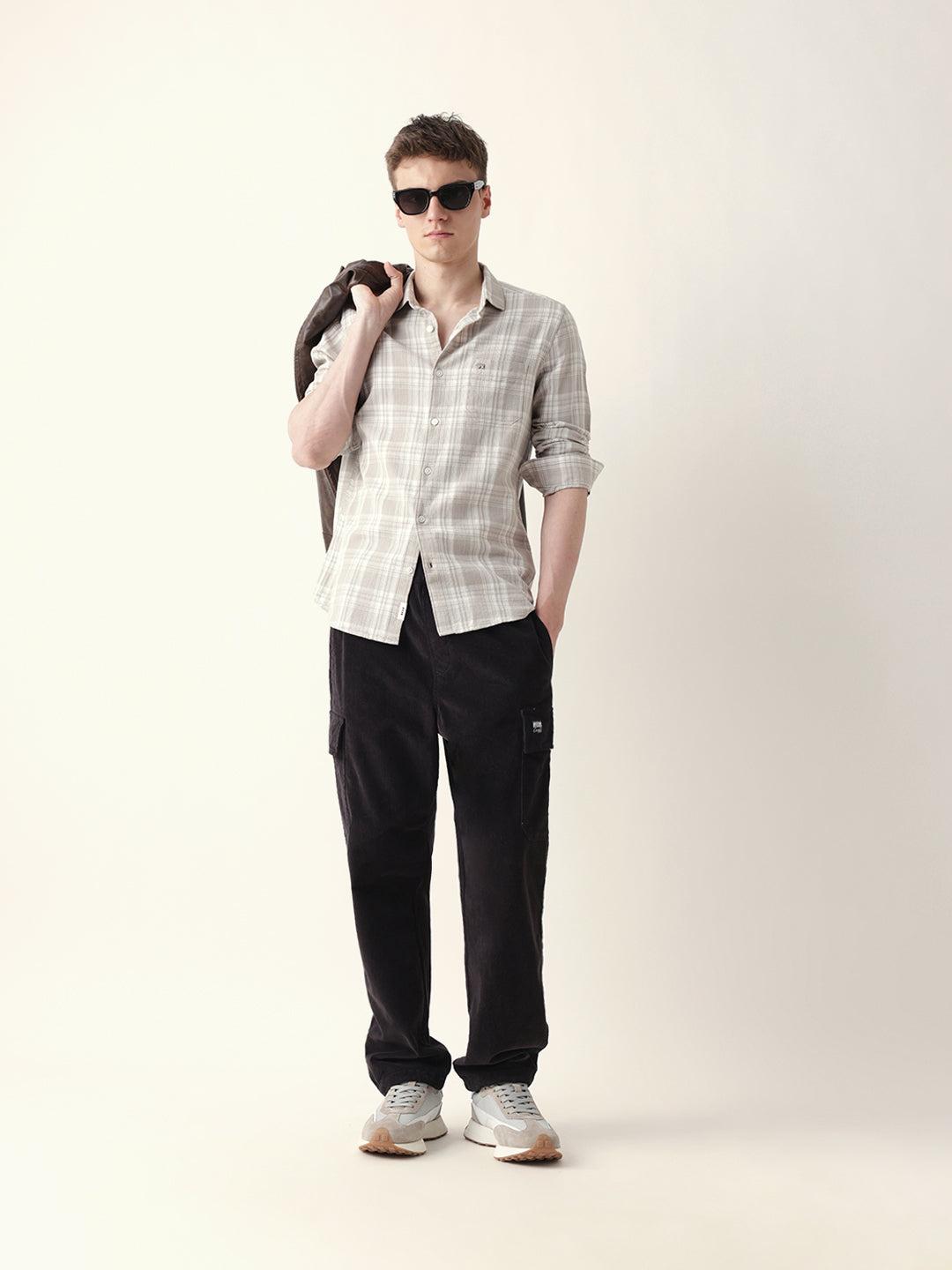 Men Casual Grey Plaid Flannel Shirt