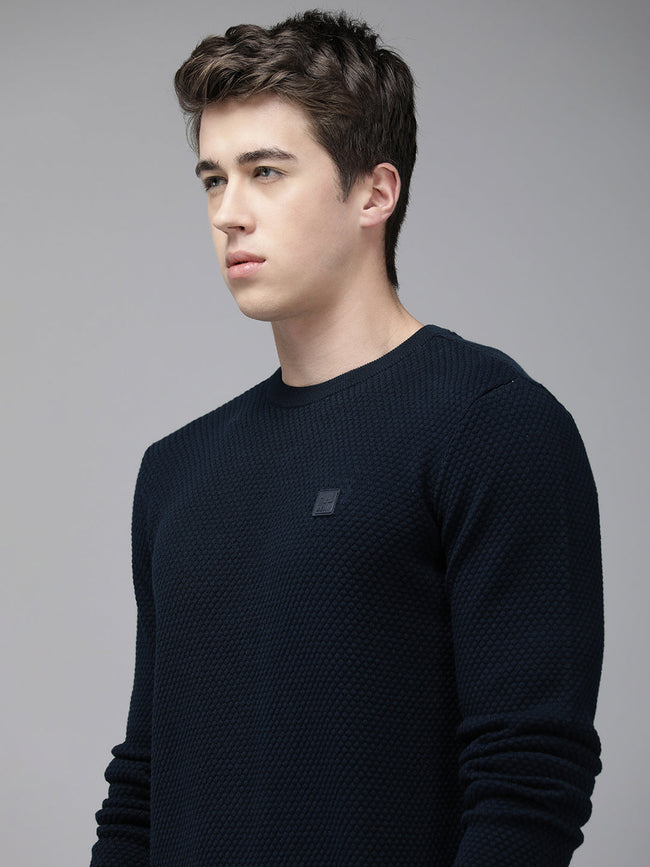 Men Ardor Edition Blue Slim Fit Self Design Pure Cotton Sweatshirt