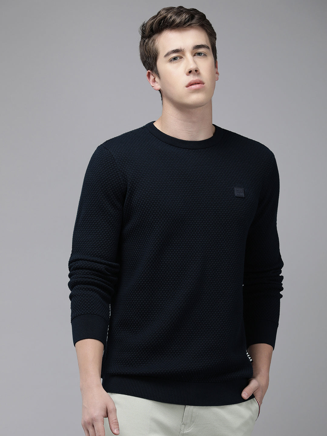 Men Ardor Edition Blue Slim Fit Self Design Pure Cotton Sweatshirt