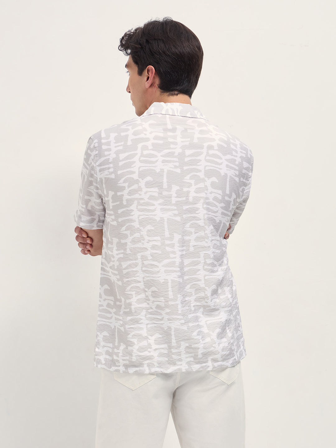 Men Beige Abstract Brush Stroke Print Relaxed Fit Cuban Collar Shirt