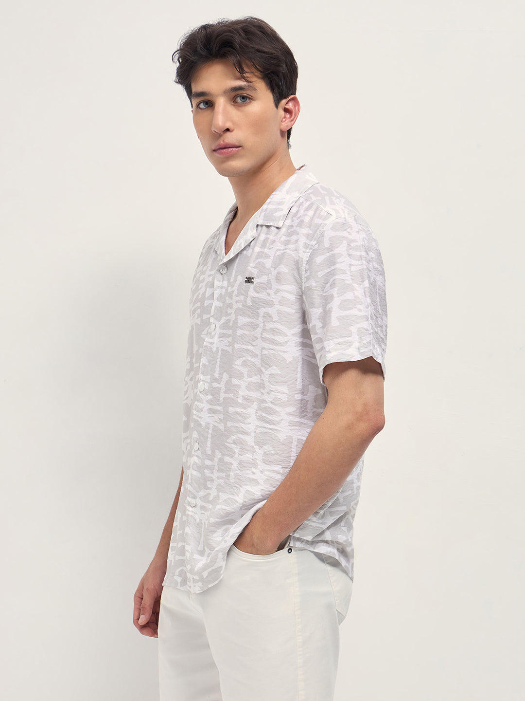 Men Beige Abstract Brush Stroke Print Relaxed Fit Cuban Collar Shirt