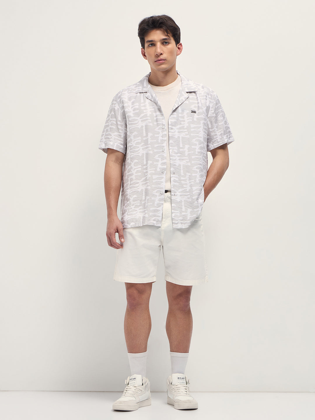 Men Beige Abstract Brush Stroke Print Relaxed Fit Cuban Collar Shirt