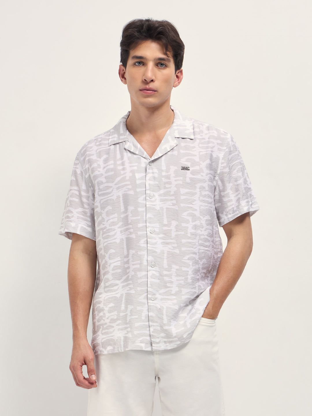 Men Beige Abstract Brush Stroke Print Relaxed Fit Cuban Collar Shirt