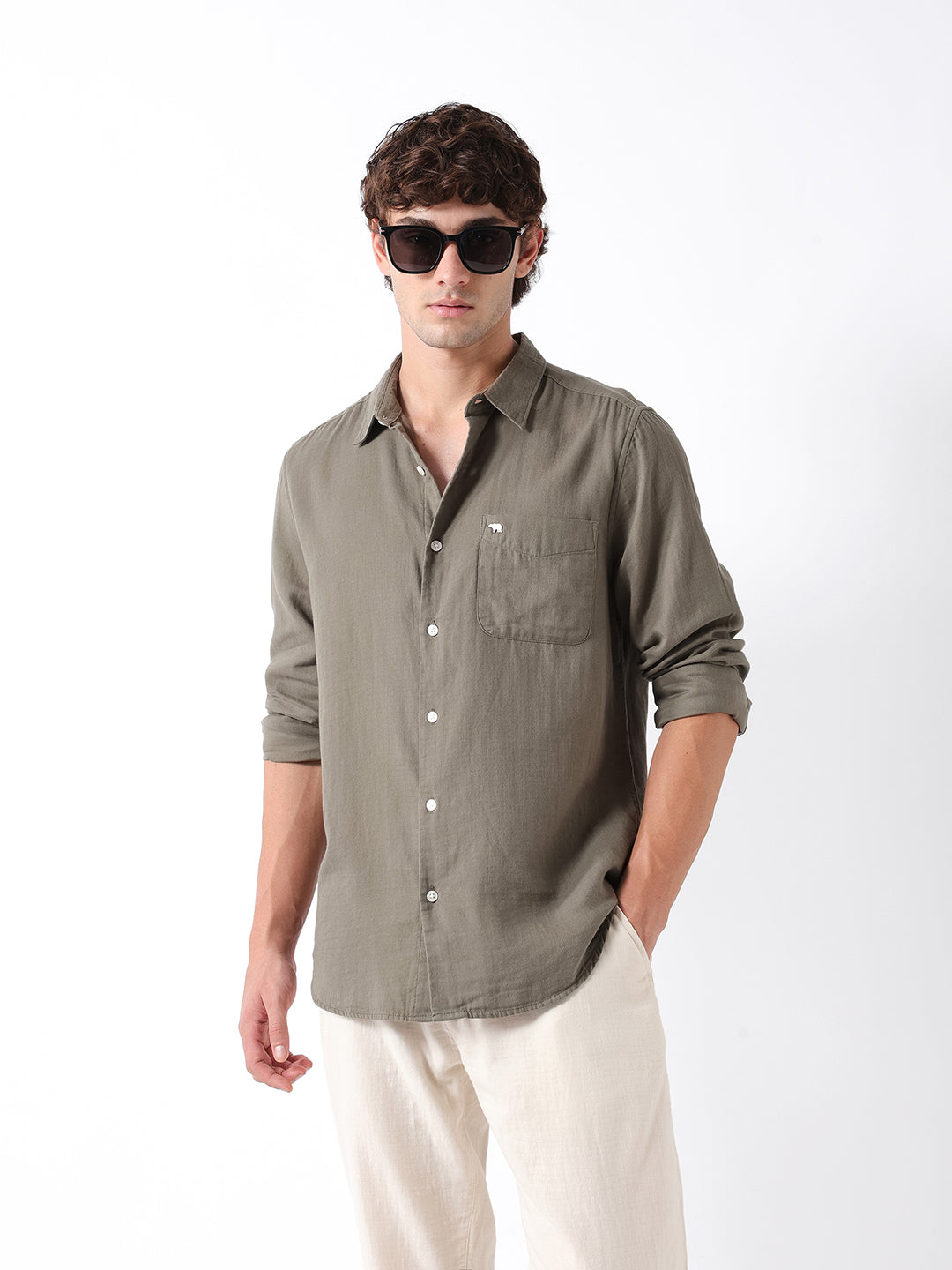 Men Olive Double-Layered  Shirt