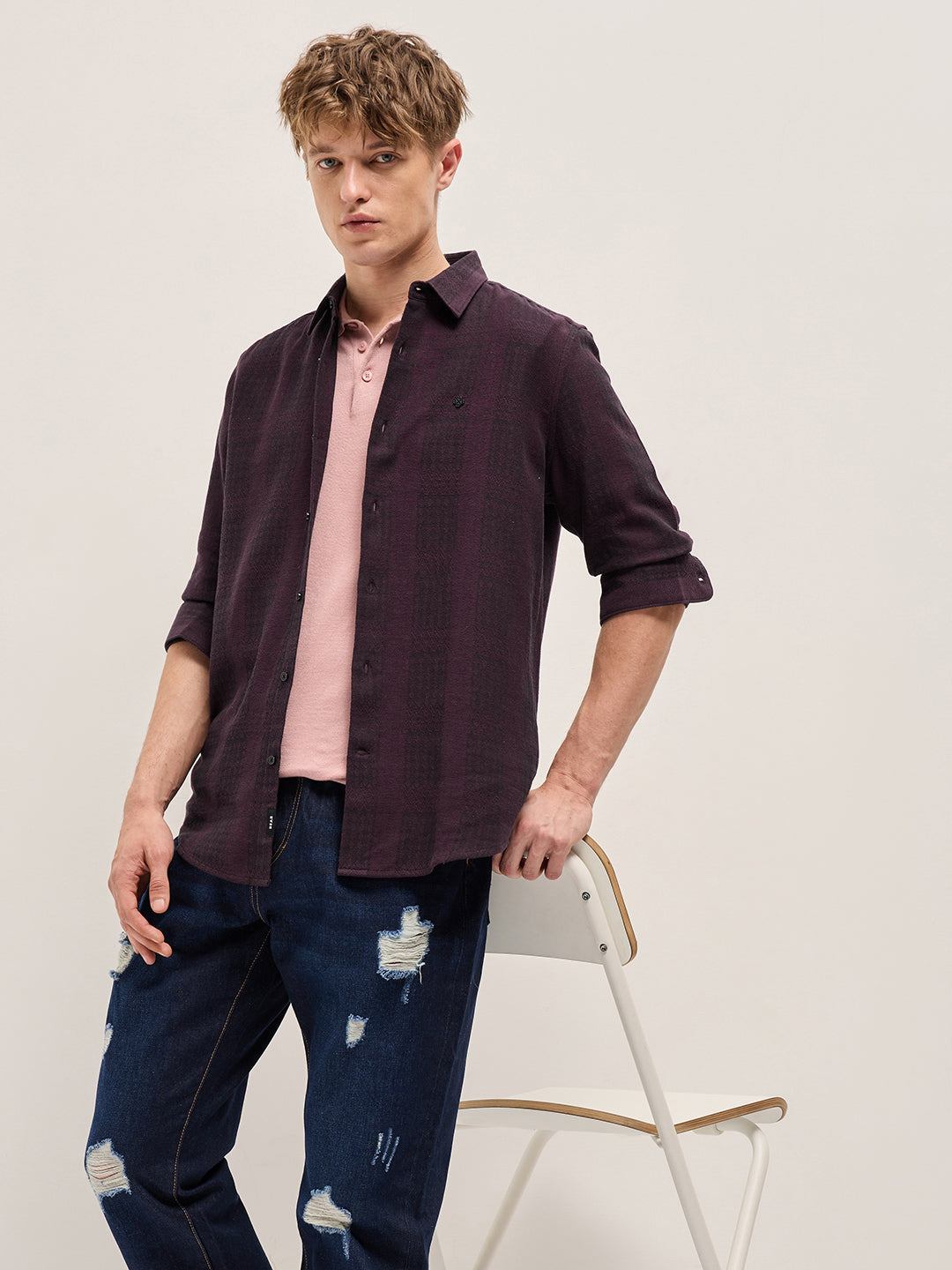 Men Maroon Striped Slim Fit Casual Shirt