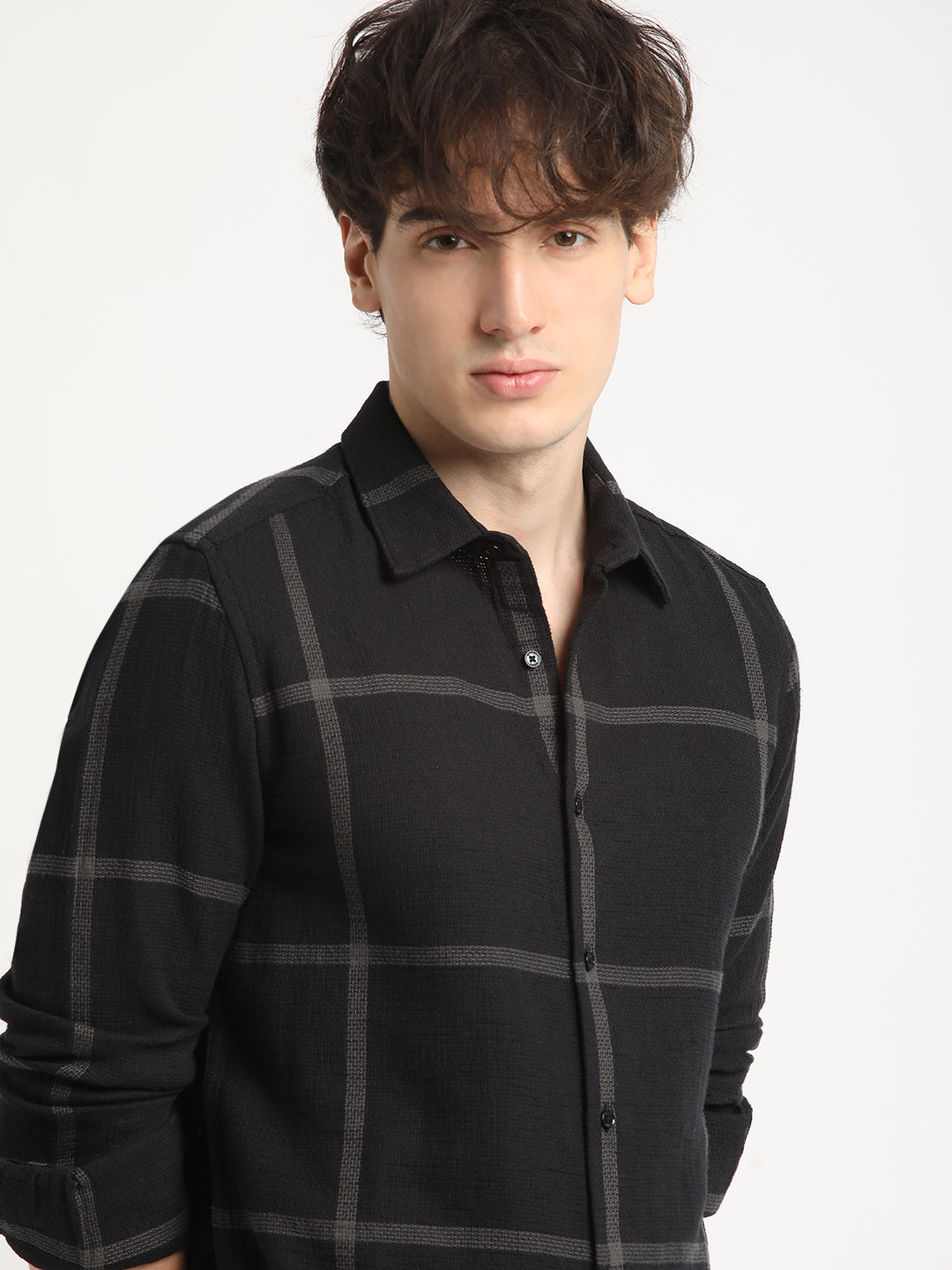 Men Black Checked Slim Fit Cotton Casual Shirt
