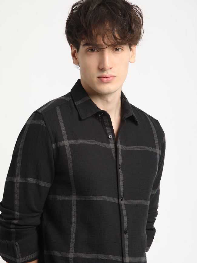 Men Black Checked Slim Fit Cotton Casual Shirt