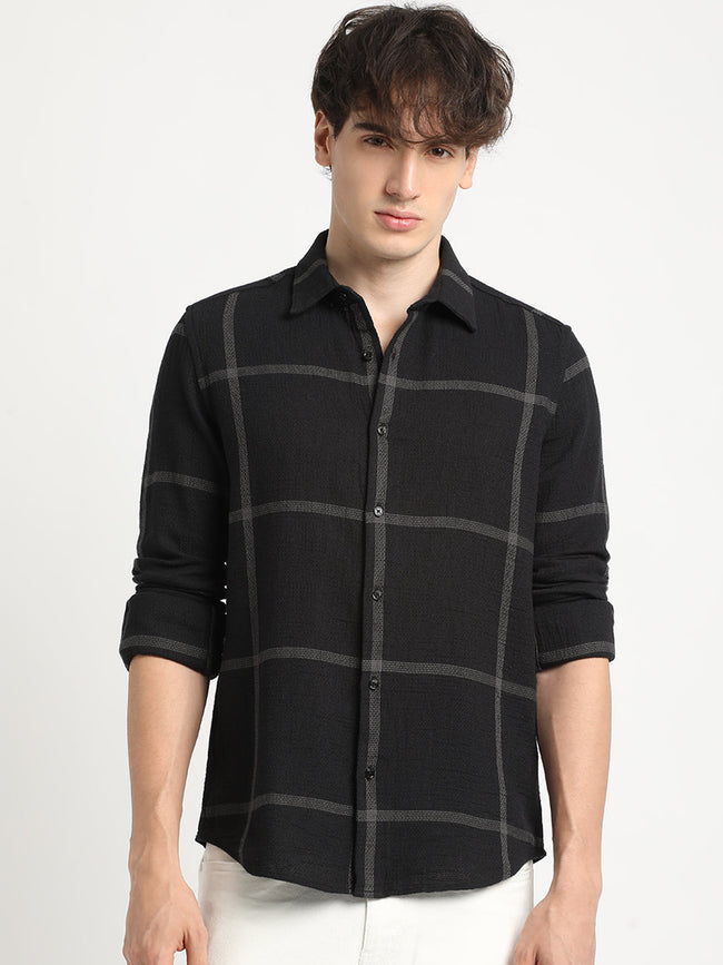 Men Black Checked Slim Fit Cotton Casual Shirt