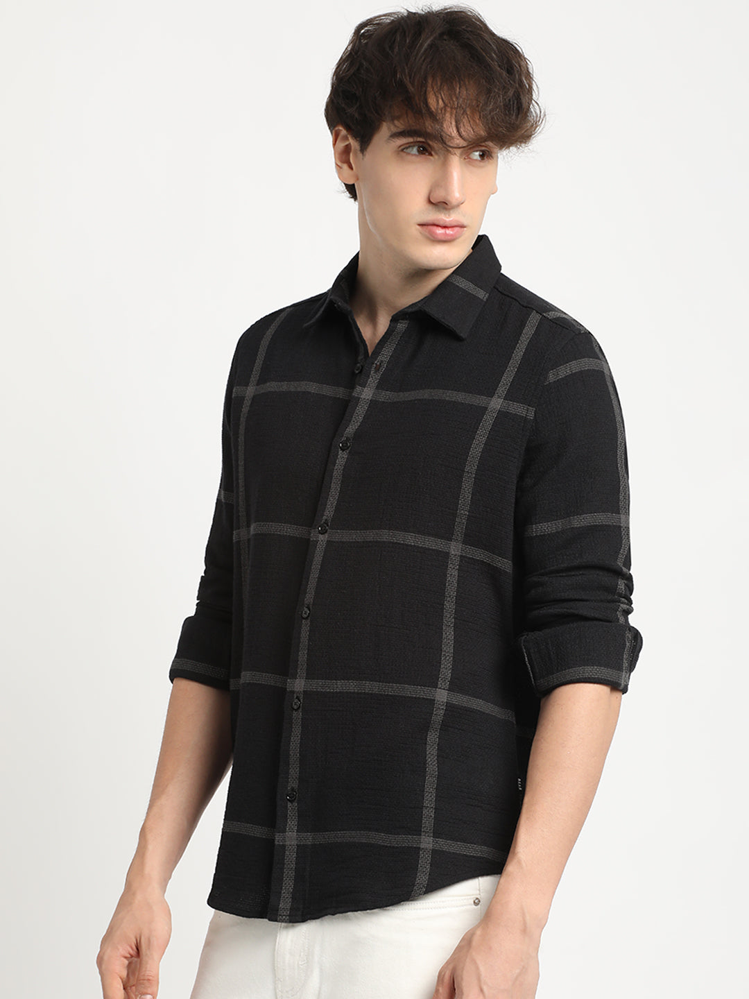 Men Black Checked Slim Fit Cotton Casual Shirt