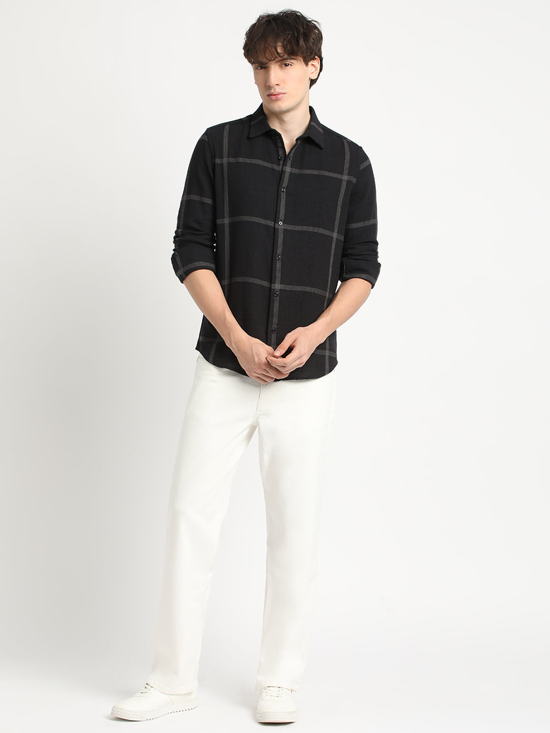Men Black Checked Slim Fit Cotton Casual Shirt