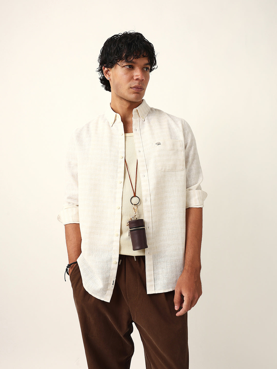 Men Cream Polyester Checked Shirt