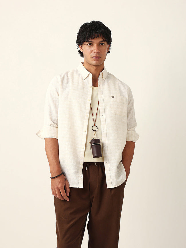 Men Cream Polyester Checked Shirt