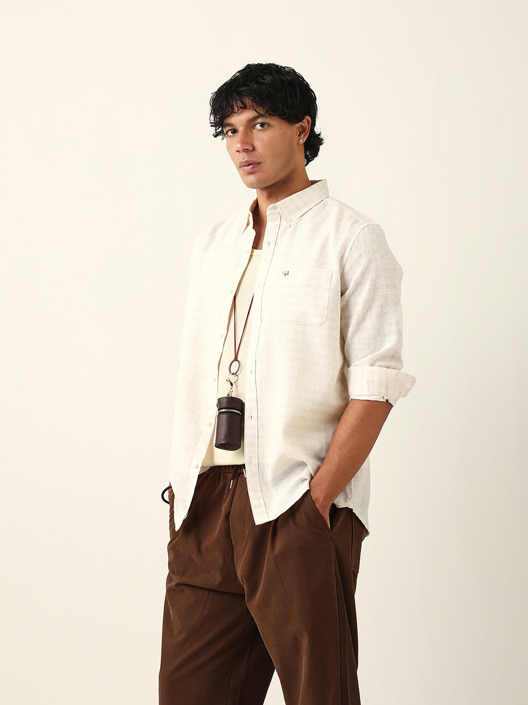 Men Cream Polyester Checked Shirt