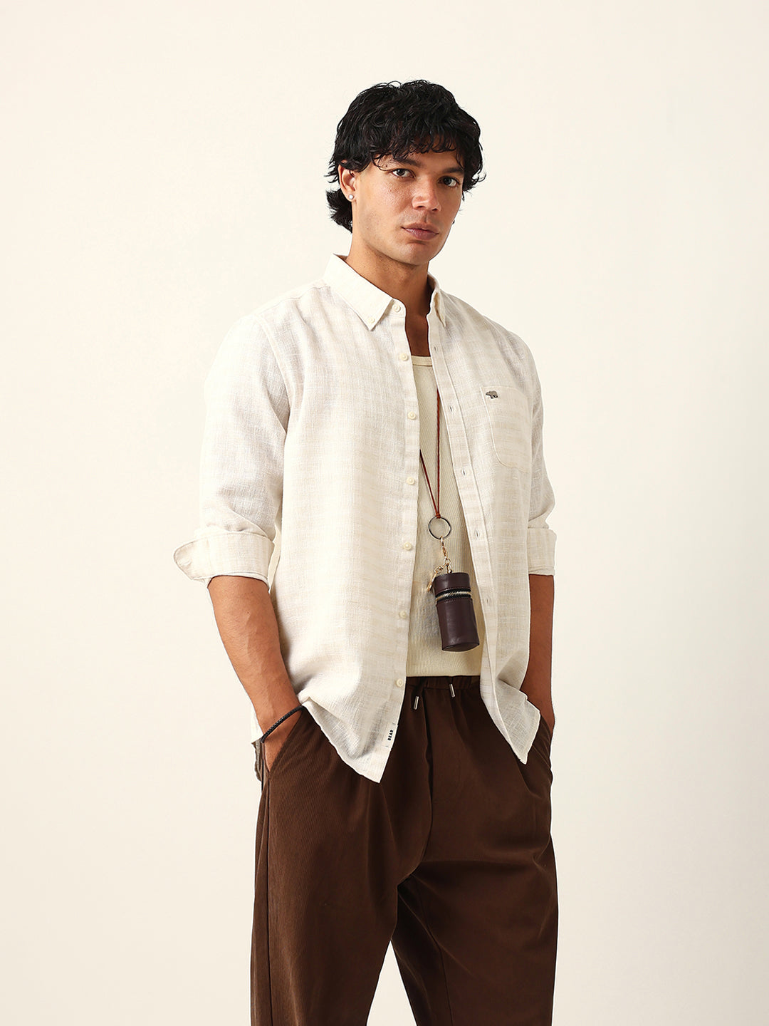 Men Cream Polyester Checked Shirt
