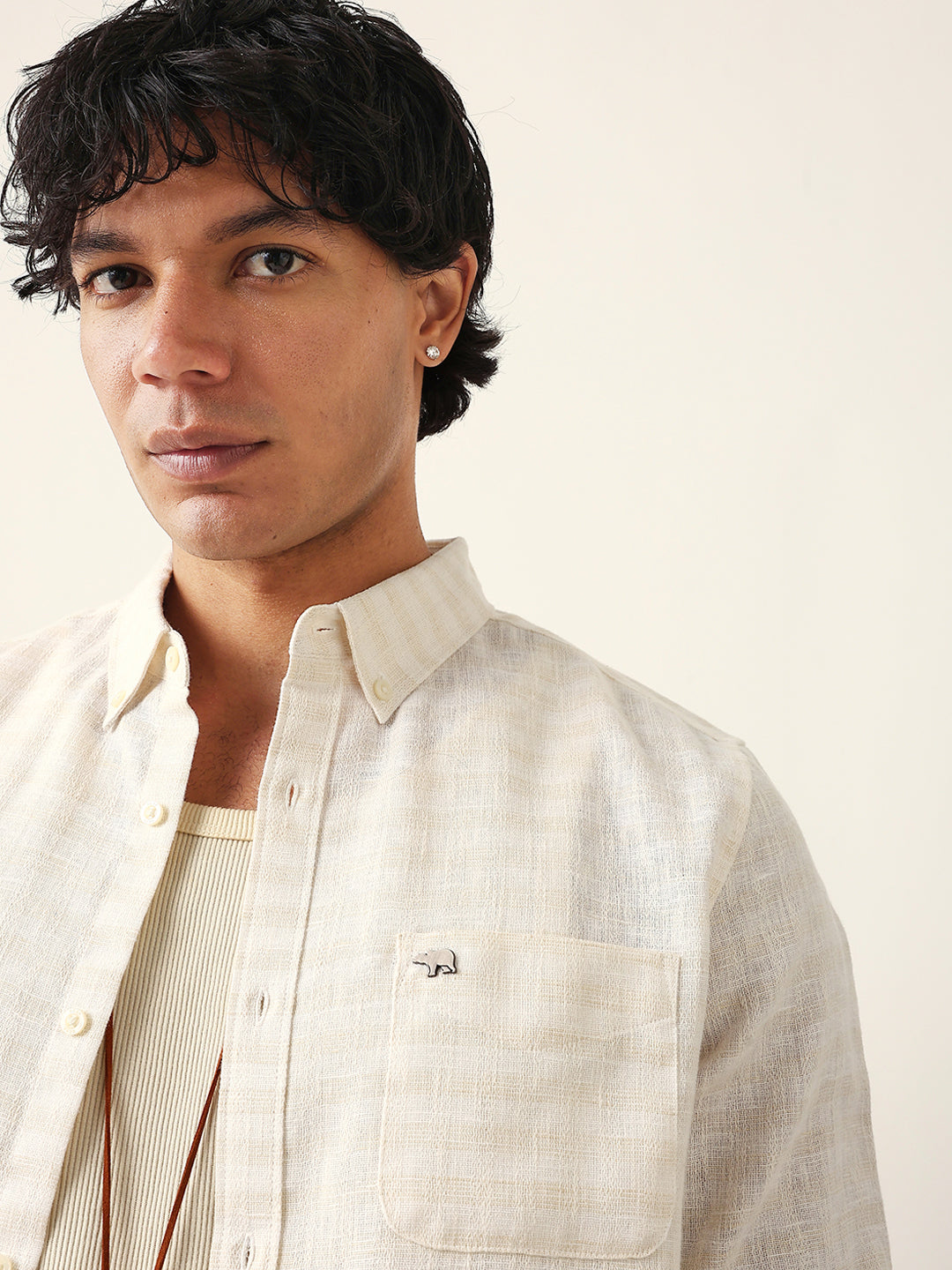 Men Cream Polyester Checked Shirt