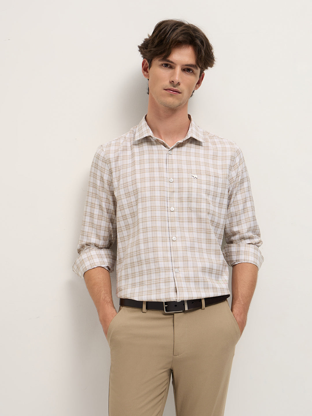 Men Beige Checked Tailored Fit Formal Shirt.