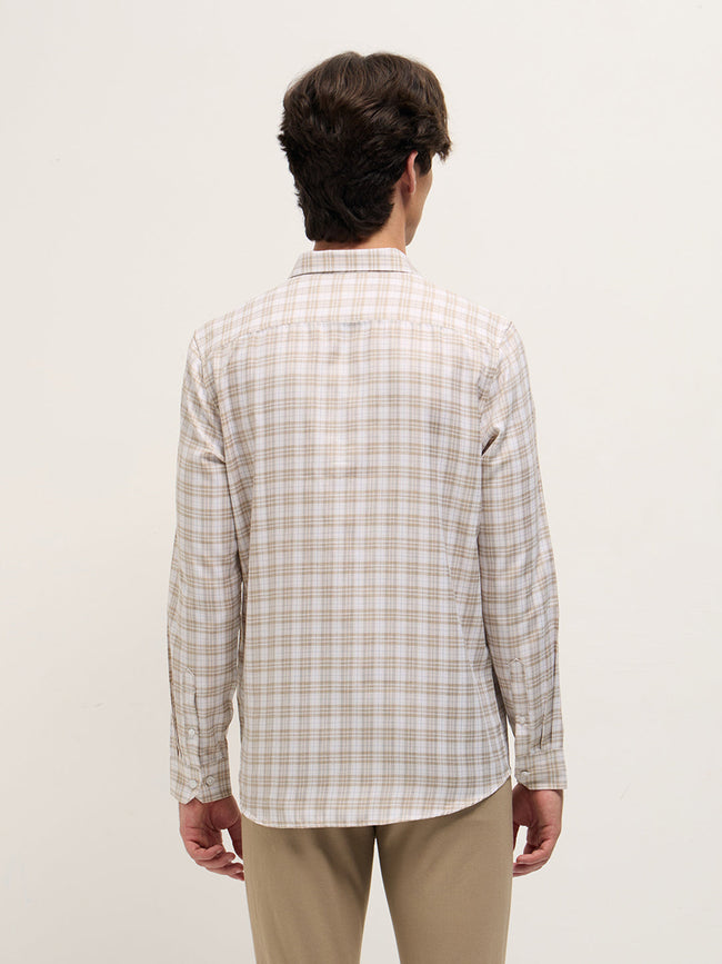 Men Beige Checked Tailored Fit Formal Shirt.