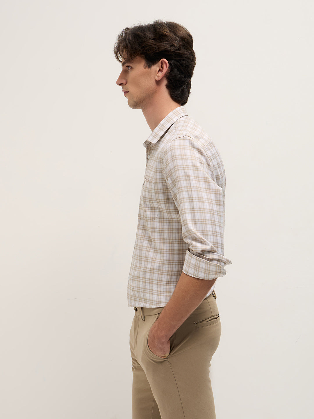 Men Beige Checked Tailored Fit Formal Shirt.