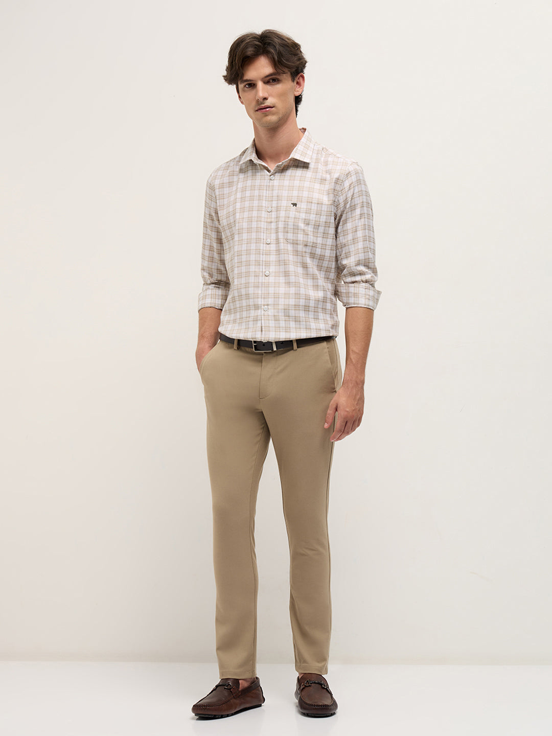 Men Beige Checked Tailored Fit Formal Shirt.