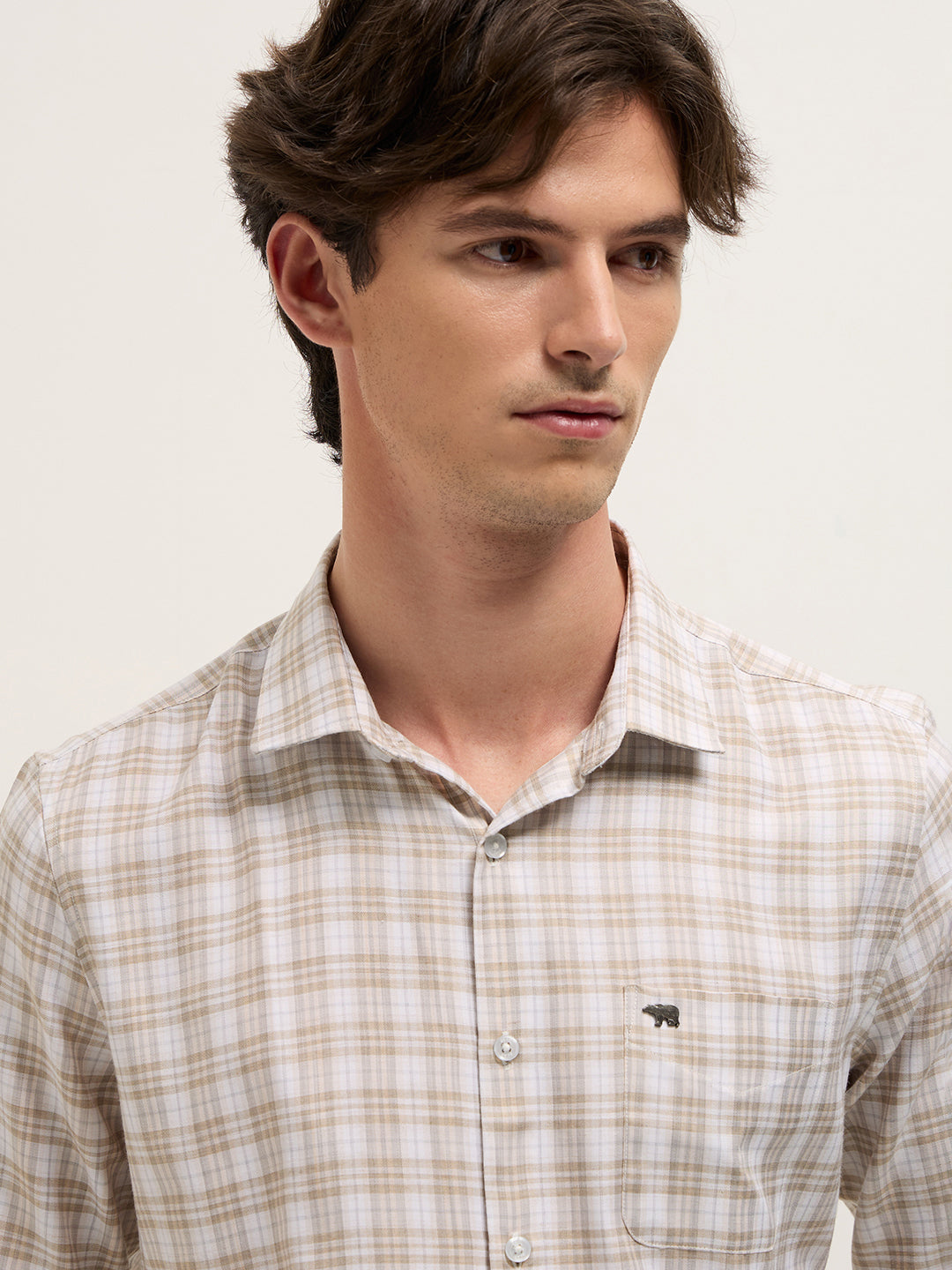 Men Beige Checked Tailored Fit Formal Shirt.