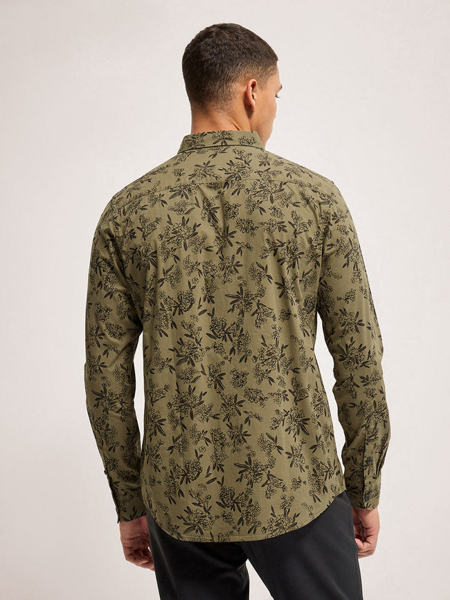 Men Olive Printed Slim Fit Casual Shirt
