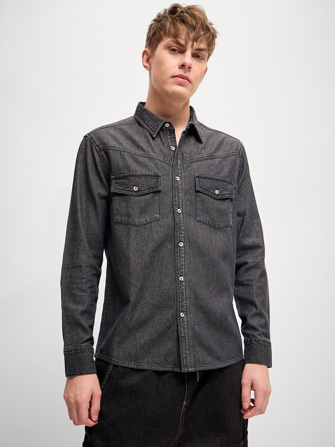 Men Classic Grey Solid Relax Fit Denim Casual Shirt