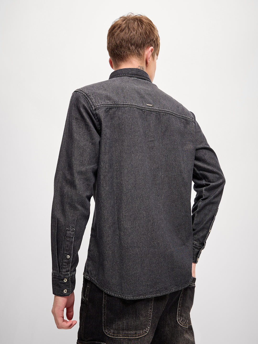 Men Classic Grey Solid Relax Fit Denim Casual Shirt