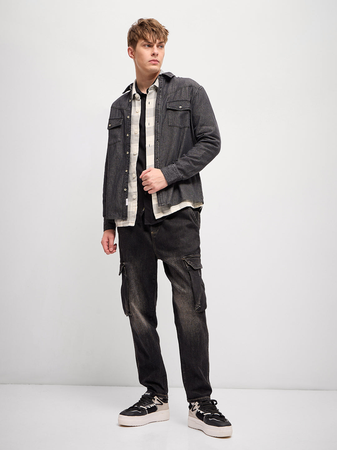 Men Classic Grey Solid Relax Fit Denim Casual Shirt