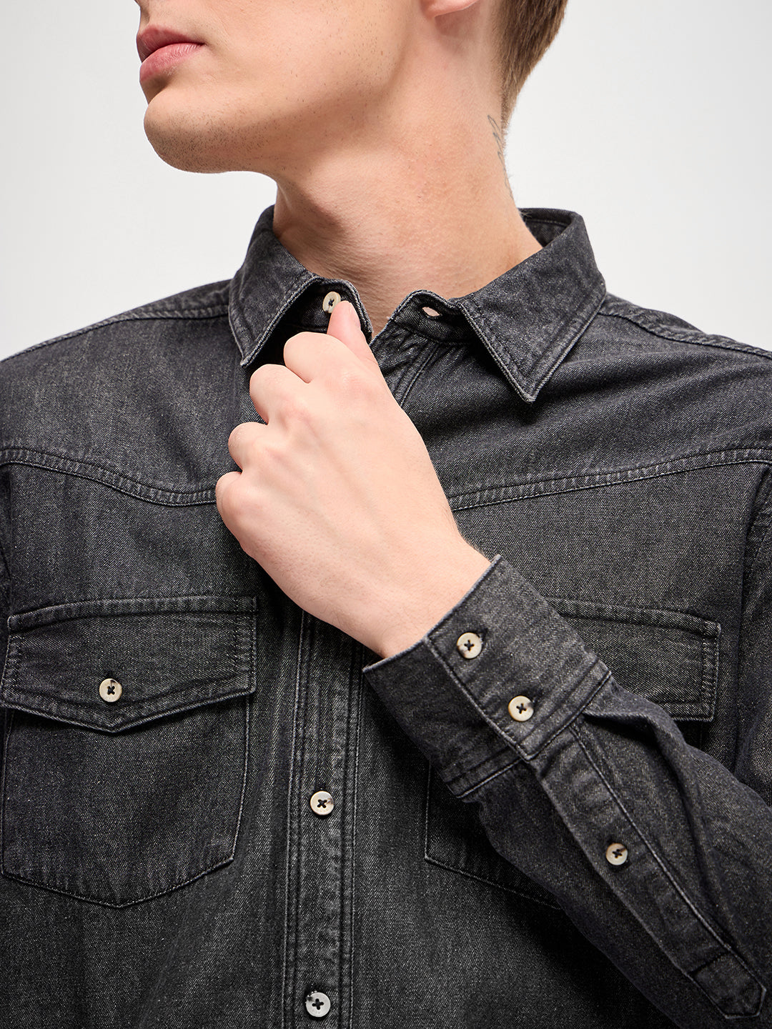 Men Classic Grey Solid Relax Fit Denim Casual Shirt