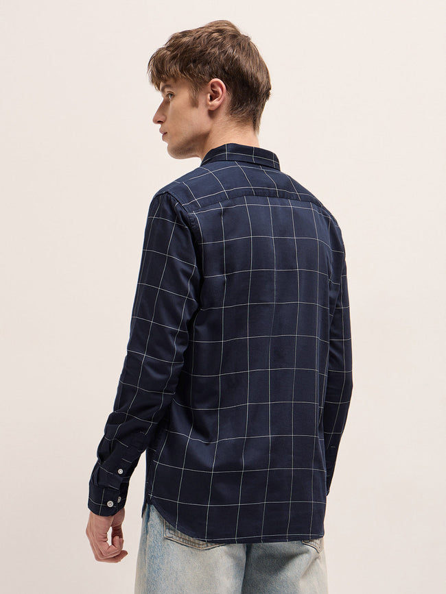 Men Navy Blue Checkered Slim Fit Casual Shirt