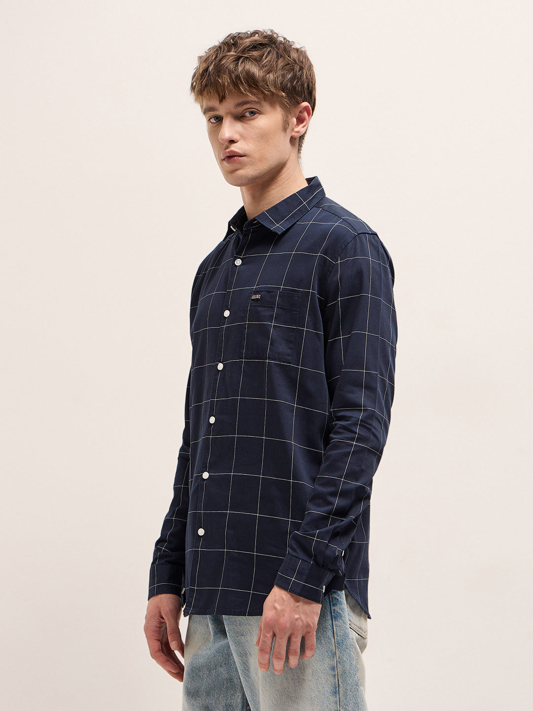 Men Navy Blue Checkered Slim Fit Casual Shirt