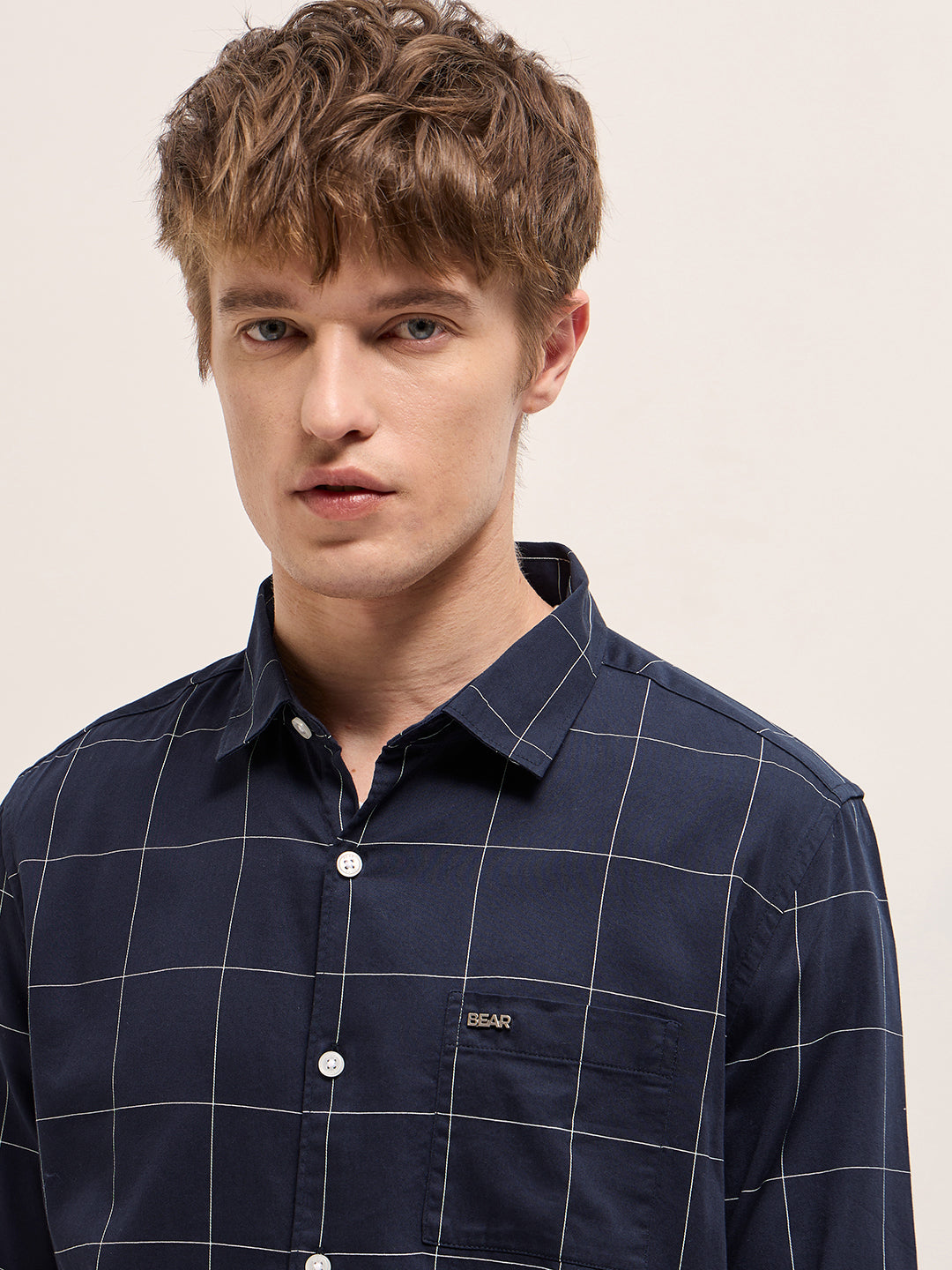 Men Navy Blue Checkered Slim Fit Casual Shirt