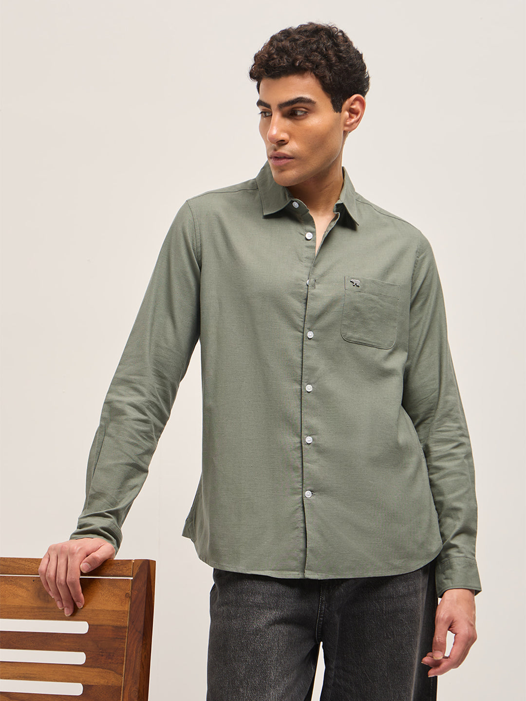 Men Grey Cotton Linen Solid Shirt