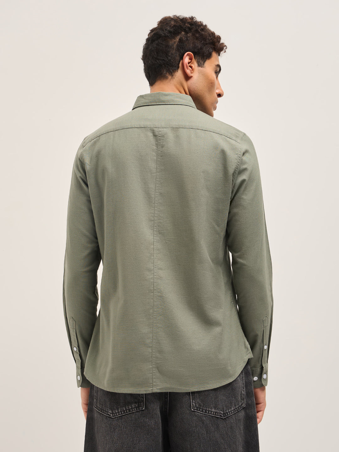 Men Grey Cotton Linen Solid Shirt