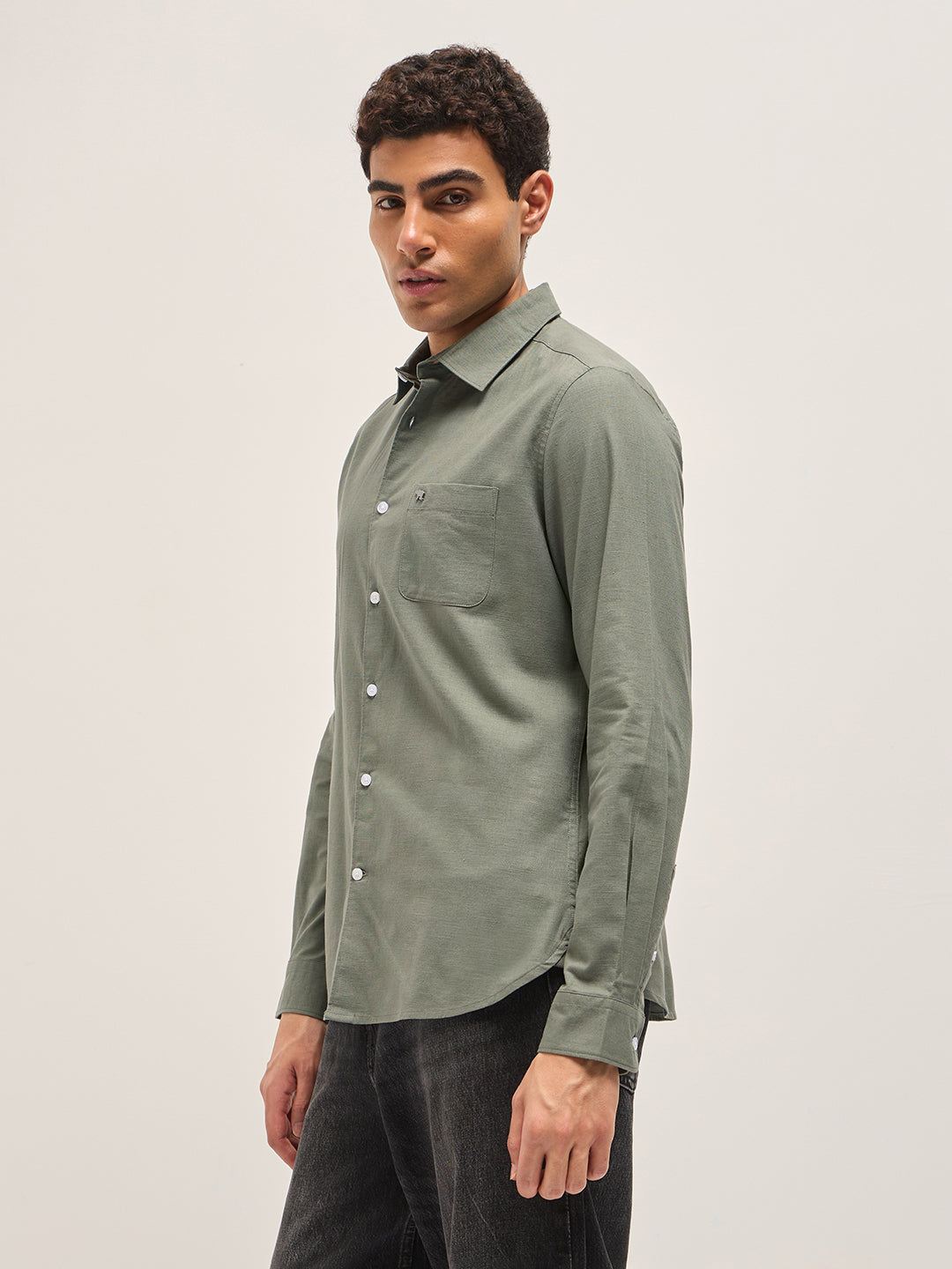 Men Grey Cotton Linen Solid Shirt