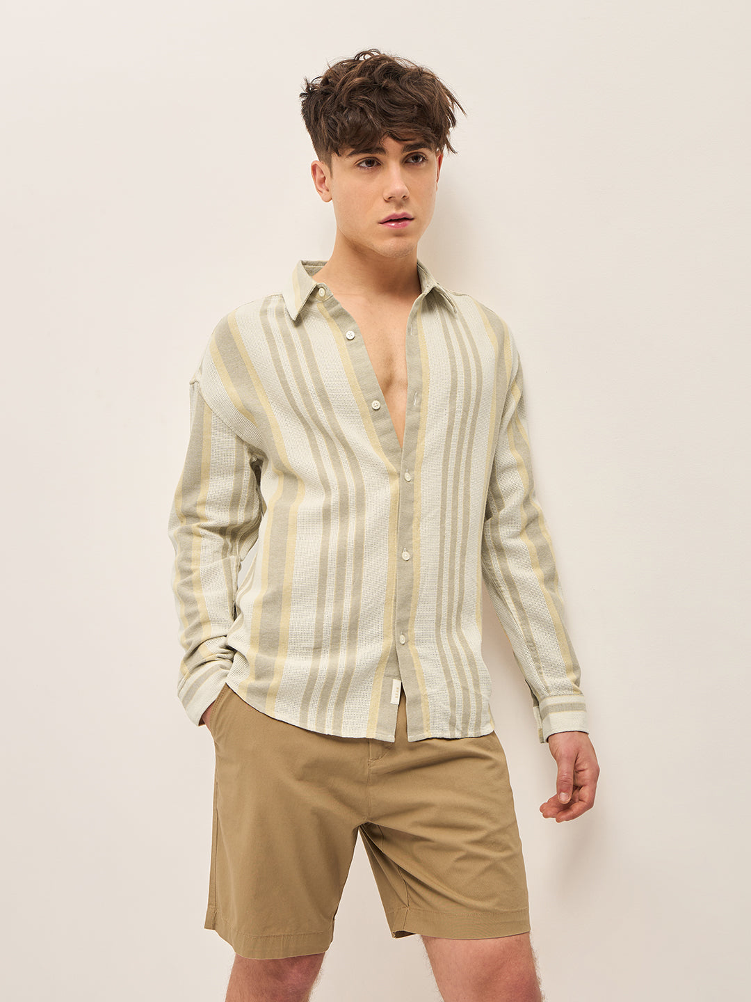 Men Green Stripes Slim Fit Casual Shirt