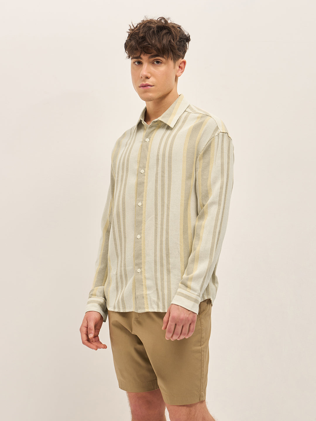 Men Green Stripes Slim Fit Casual Shirt