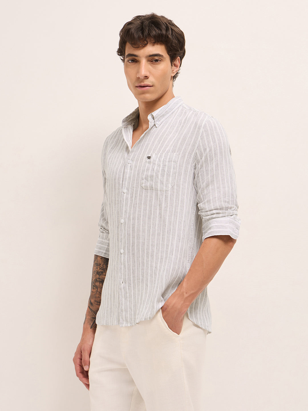 Men Cotton Linen Striped Casual Shirt
