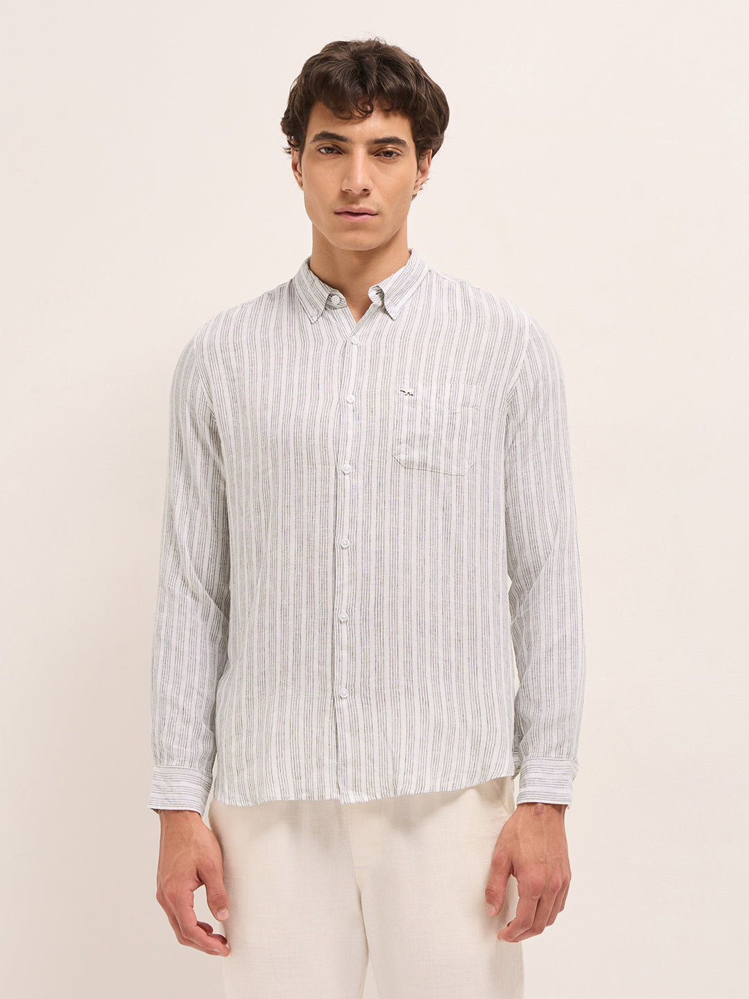 Men Cotton Linen Striped Casual Shirt
