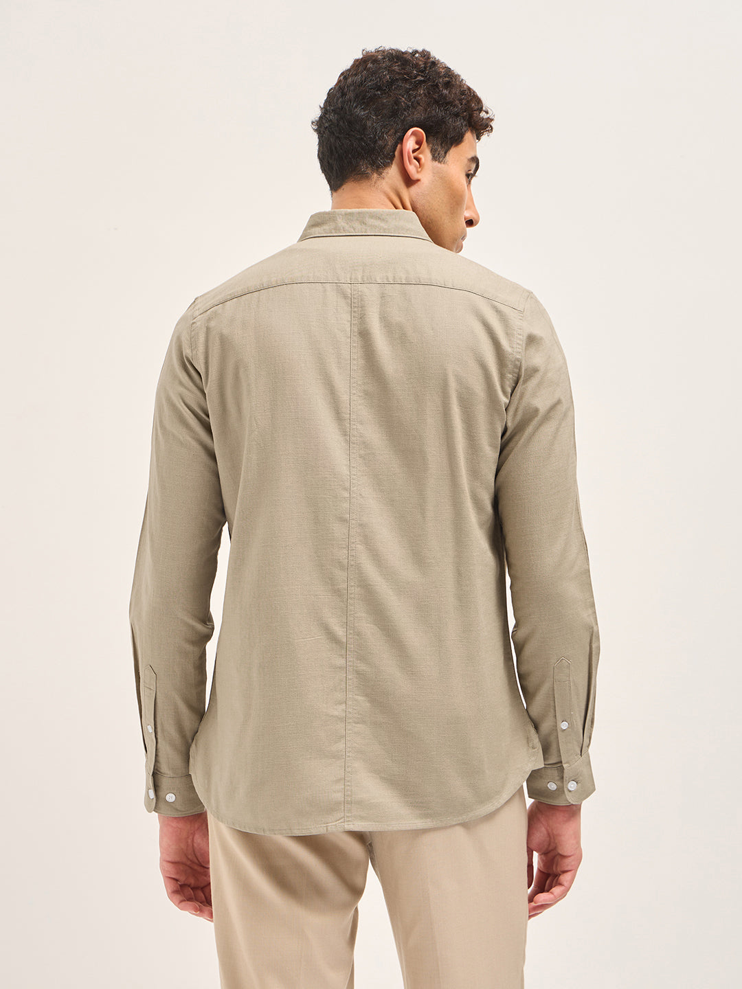 Men Beige Cotton Linen Slim Fit Solid Casual Shirt