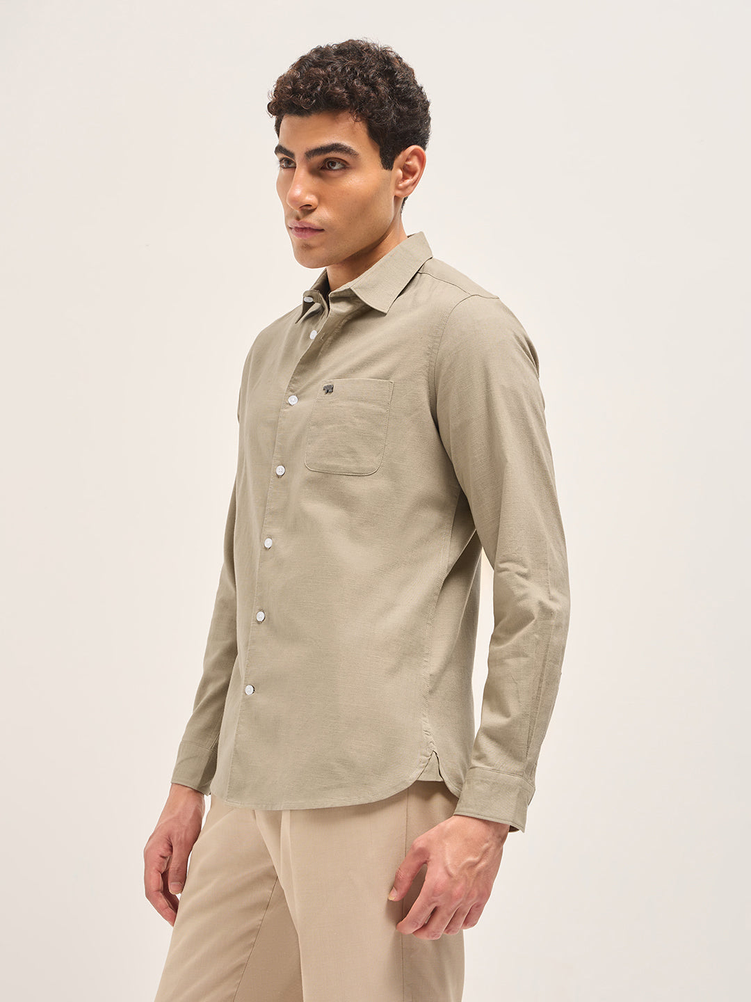 Men Beige Cotton Linen Slim Fit Solid Casual Shirt
