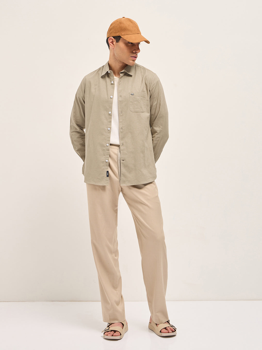 Men Beige Cotton Linen Slim Fit Solid Casual Shirt