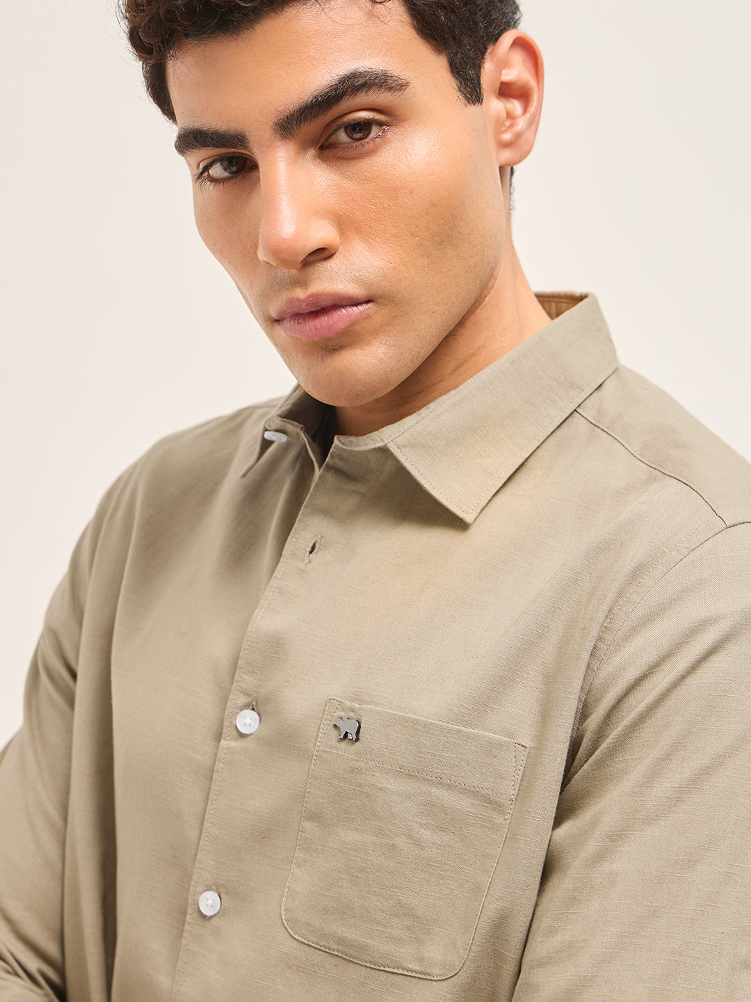 Men Beige Cotton Linen Slim Fit Solid Casual Shirt