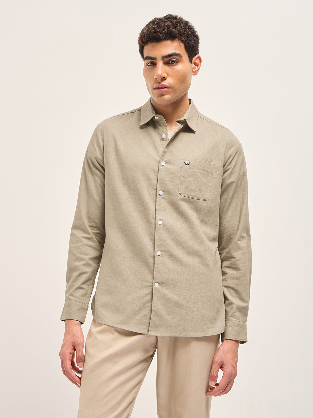 Men Beige Cotton Linen Slim Fit Solid Casual Shirt