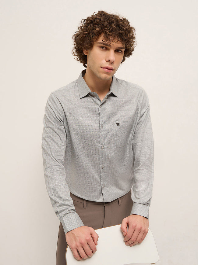 Men Shirt Grey Micro Geometric Print Tailored Fit Formal Shirt
