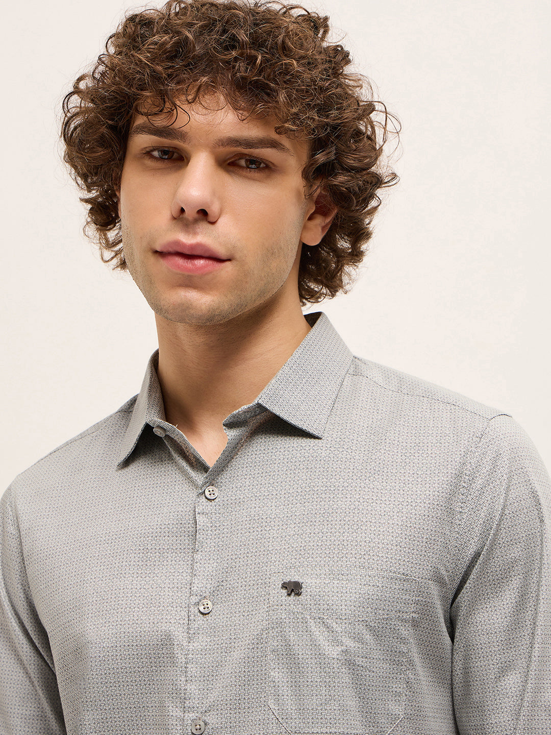 Men Shirt Grey Micro Geometric Print Tailored Fit Formal Shirt