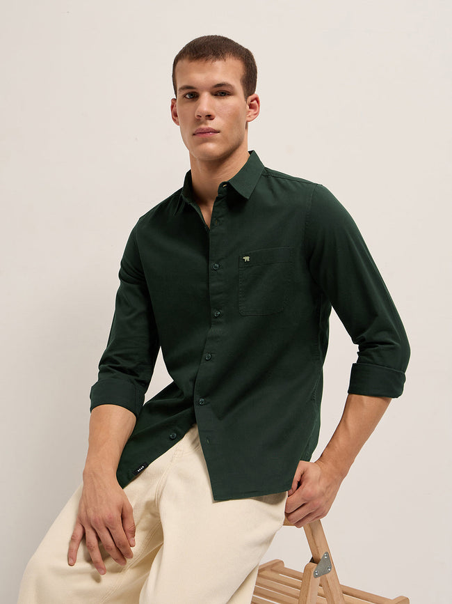 Men Dark Green Cotton Solid Slim Fit Casual Shirt