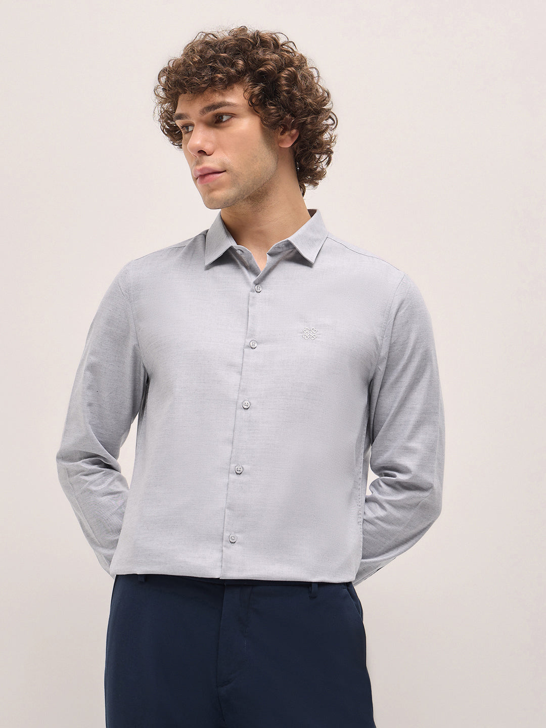 Men Shirt Light Grey Solid Tailored Fit Formal Shirt