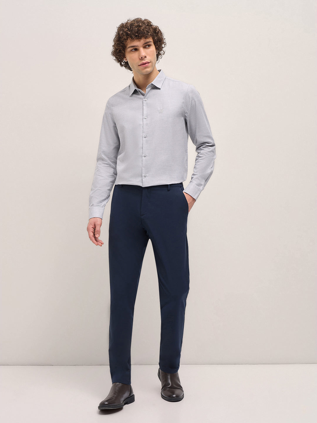 Men Shirt Light Grey Solid Tailored Fit Formal Shirt